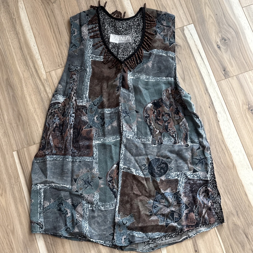 Vintage Platinum Dorothy Schoelen‎ Safari Animal Print Beaded Fringe Vest Top